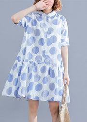 Women lapel clothes Women Sleeve white dotted Dress - SooLinen