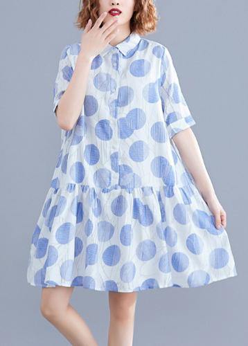 Women lapel clothes Women Sleeve white dotted Dress - SooLinen