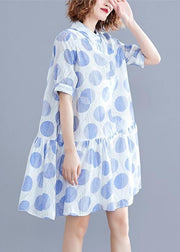 Women lapel clothes Women Sleeve white dotted Dress - SooLinen