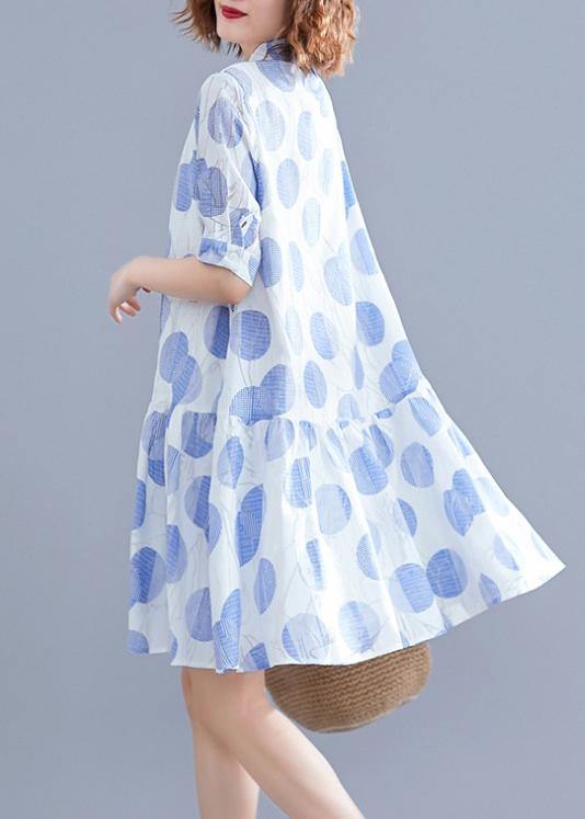 Women lapel clothes Women Sleeve white dotted Dress - SooLinen