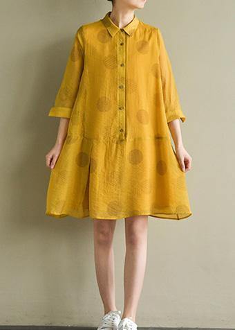 Women lapel half sleeve linen Robes Outfits yellow dotted Dress summer - SooLinen