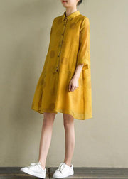 Women lapel half sleeve linen Robes Outfits yellow dotted Dress summer - SooLinen