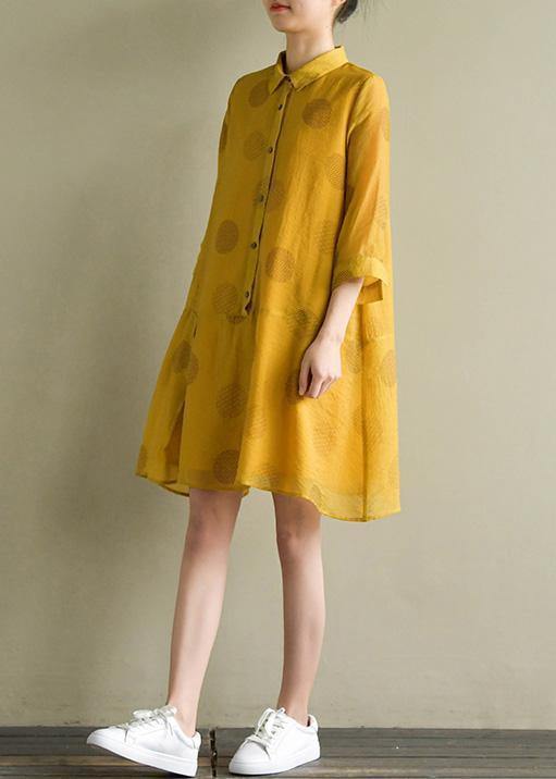 Women lapel half sleeve linen Robes Outfits yellow dotted Dress summer - SooLinen