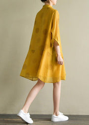 Women lapel half sleeve linen Robes Outfits yellow dotted Dress summer - SooLinen