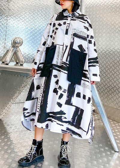 Women lapel pockets fall Tunics pattern black white print long Dresses - SooLinen