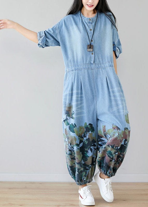 Women light Blue pockets O-Neck Print denim Jumpsuit Spring