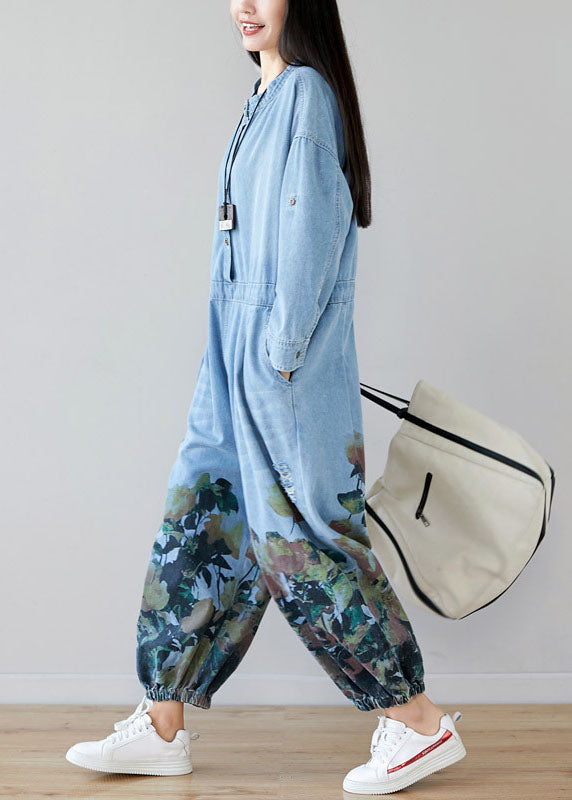 Women light Blue pockets O-Neck Print denim Jumpsuit Spring