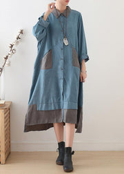 Women light blue cotton clothes lapel drawstring Dresses fall Dress - SooLinen