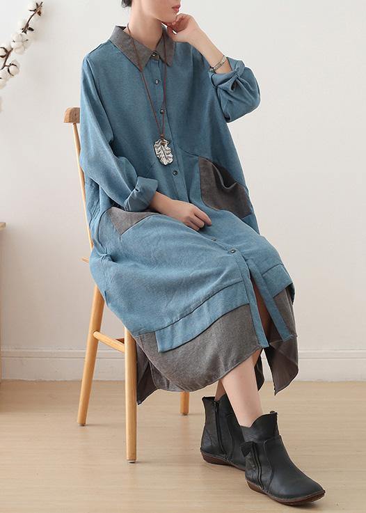 Women light blue cotton clothes lapel drawstring Dresses fall Dress - SooLinen