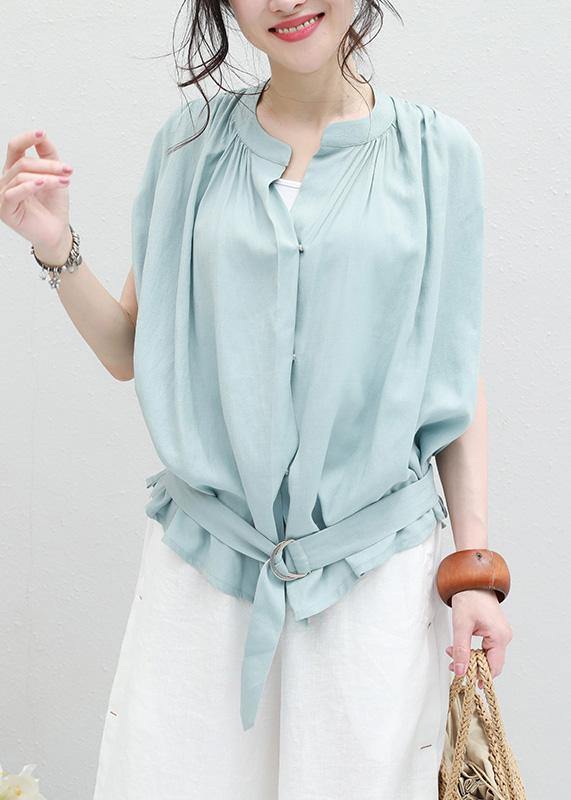 Women light blue linen box top Cinched ruffles box summer blouses - SooLinen