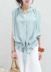 Women light blue linen box top Cinched ruffles box summer blouses - SooLinen