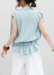 Women light blue linen box top Cinched ruffles box summer blouses - SooLinen