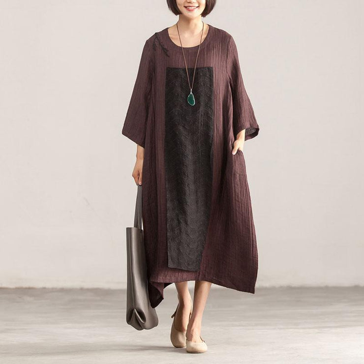 Women linen clothes For Women Metropolitan Museum Splicing Loose Three Quarter Sleeve Wine Red Dress