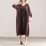 Women linen clothes For Women Metropolitan Museum Splicing Loose Three Quarter Sleeve Wine Red Dress