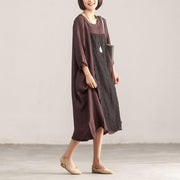 Women linen clothes For Women Metropolitan Museum Splicing Loose Three Quarter Sleeve Wine Red Dress