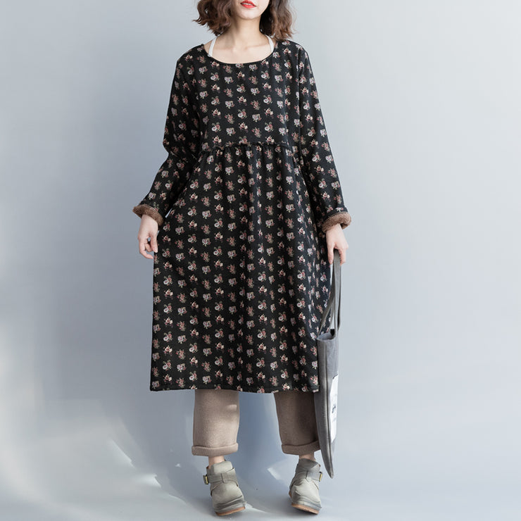 Women linen cotton dress Pakistani o neck Cinched Shape black floral Love Dresses