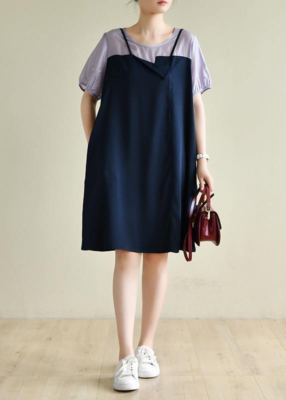 Women navy dress patchwork false two pieces A Line Dresses - SooLinen