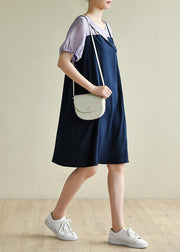 Women navy dress patchwork false two pieces A Line Dresses - SooLinen