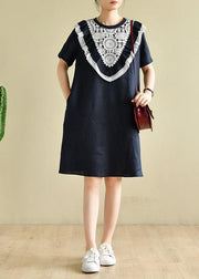 Women navy patchwork lace quilting clothes o neck loose Dress - SooLinen