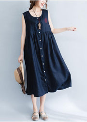 Women navy patchwork linen cotton clothes For Women sleeveless Maxi summer Dress - SooLinen