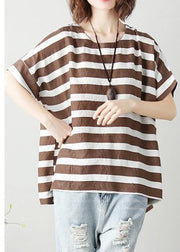 Women o neck Batwing Sleeve cotton tunic top Work chocolate striped shirt - SooLinen