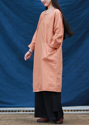 Women o neck Chinese Button Tunic Tutorials orange Dresses - SooLinen