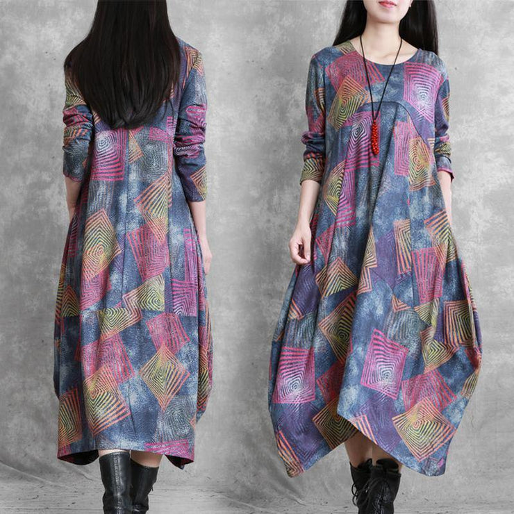 Women o neck asymmetric cotton clothes Runway floral A Line Dress - SooLinen