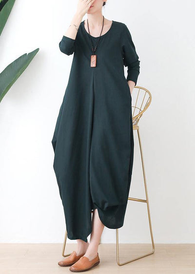 Women o neck asymmetric fall Robes Shirts green Dress - SooLinen