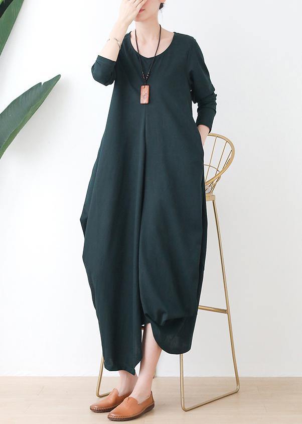 Women o neck asymmetric fall Robes Shirts green Dress - SooLinen