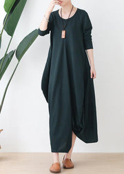 Women o neck asymmetric fall Robes Shirts green Dress - SooLinen