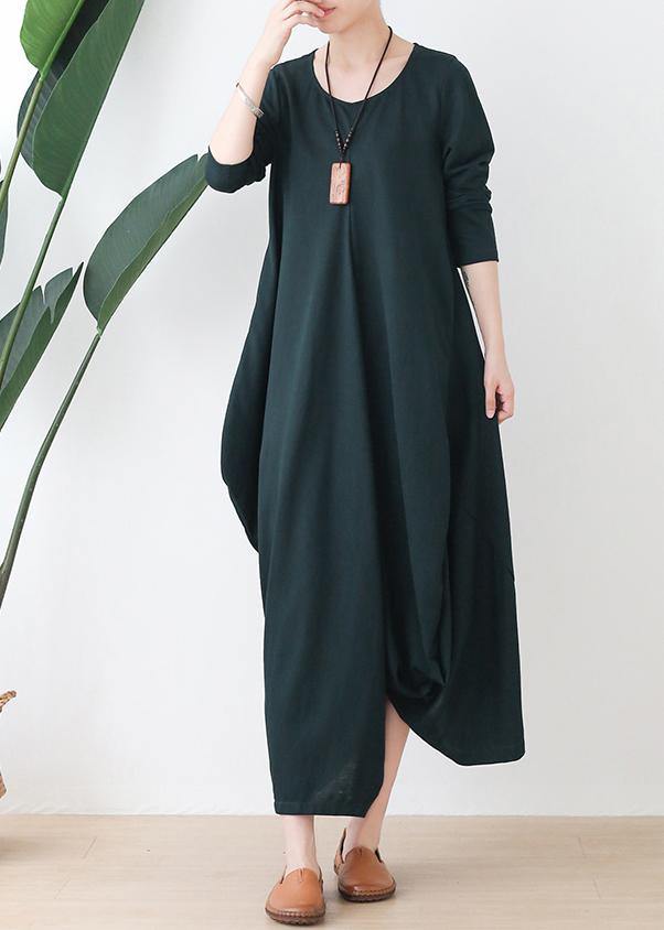 Women o neck asymmetric fall Robes Shirts green Dress - SooLinen