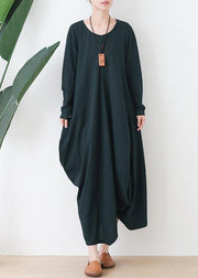 Women o neck asymmetric fall Robes Shirts green Dress - SooLinen