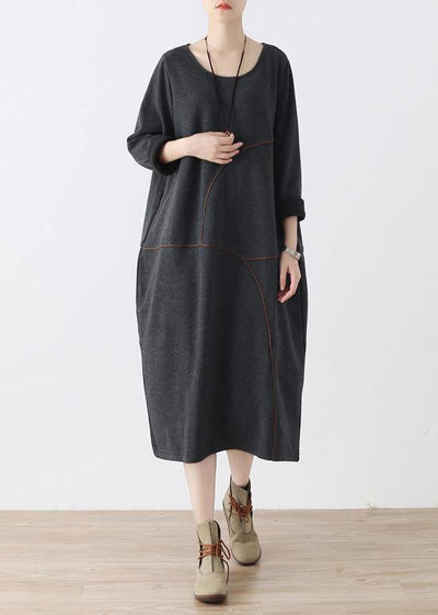 Women o neck asymmetric fall tunic pattern Work Outfits gray Robe Dresses - SooLinen