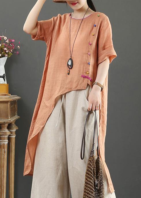 Women o neck asymmetric linen blouses for women pattern orange tops - SooLinen