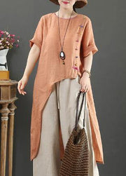 Women o neck asymmetric linen blouses for women pattern orange tops - SooLinen