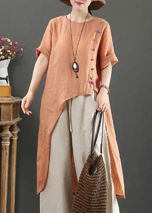 Women o neck asymmetric linen blouses for women pattern orange tops - SooLinen