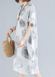 Women o neck baggy Cotton summer clothes linen white print Dresses - SooLinen