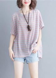 Women o neck cotton summer Inspiration red striped shirt - SooLinen