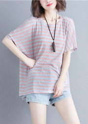 Women o neck cotton summer Inspiration red striped shirt - SooLinen