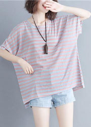 Women o neck cotton summer Inspiration red striped shirt - SooLinen