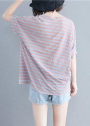 Women o neck cotton summer Inspiration red striped shirt - SooLinen