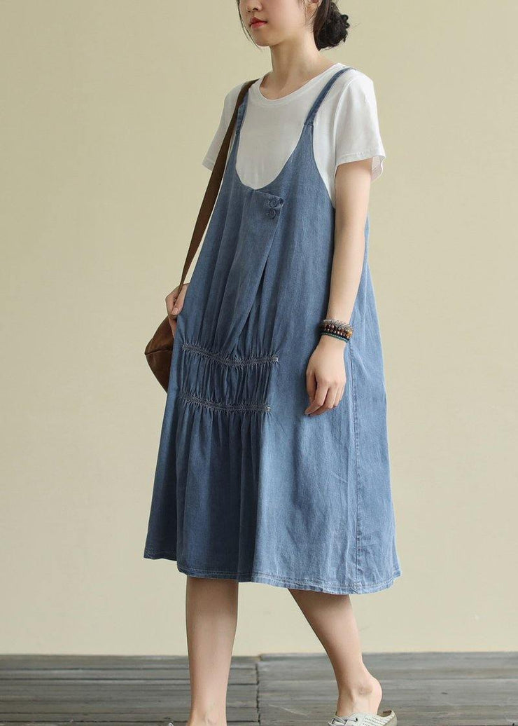 Women o neck false two pieces Cotton summer quilting dresses design blue Dress - SooLinen