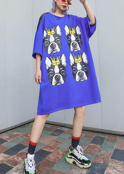 Women o neck half sleeve Cotton Long Sewing blue print Dresses summer - SooLinen