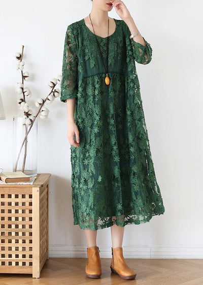 Women o neck half sleeve dress Inspiration green Maxi Dress - SooLinen