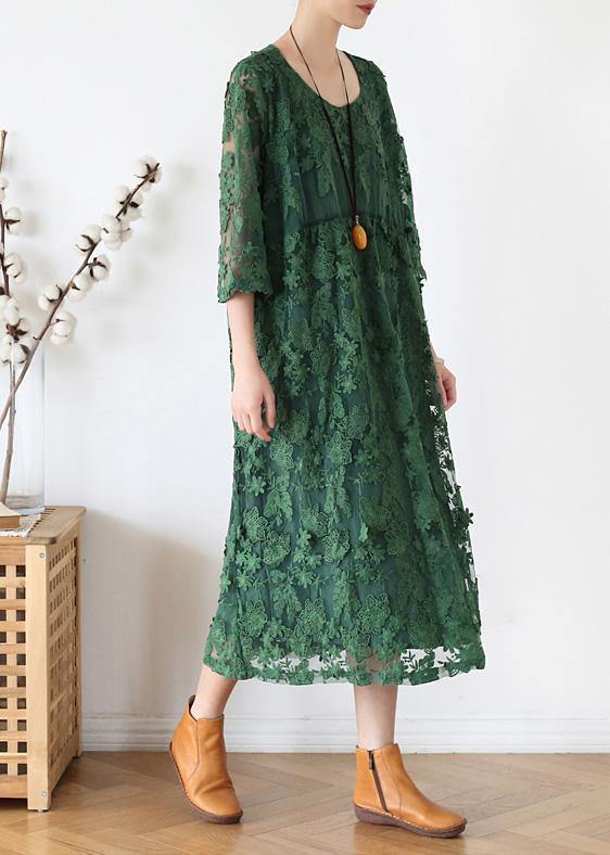 Women o neck half sleeve dress Inspiration green Maxi Dress - SooLinen