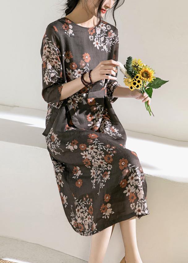 Women o neck half sleeve linen Robes Photography chocolate print Dress - SooLinen