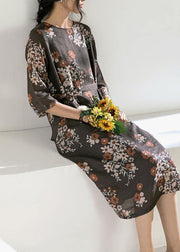 Women o neck half sleeve linen Robes Photography chocolate print Dress - SooLinen