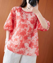 Women o neck lantern sleeve summer Tops red print shirts - SooLinen