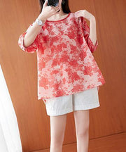 Women o neck lantern sleeve summer Tops red print shirts - SooLinen