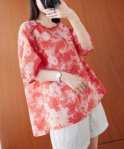 Women o neck lantern sleeve summer Tops red print shirts - SooLinen